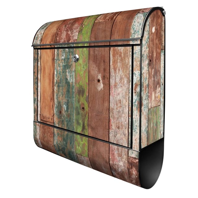 Banjado Design Briefkasten Schwarz Pulverbeschichtet, 39x47x14cm, 2 Schlüssel, Mit Zeitungsfach Motiv Buntes Holz