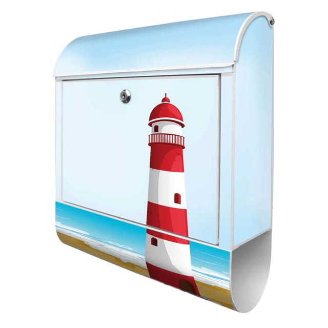 Banjado Design Briefkasten Weiß Pulverbeschichtet 39x47x14cm 2 Schlüssel Mit Zeitungsfach Motiv Leuchtturm Illustration