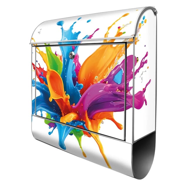 Banjado Design Briefkasten Silber Pulverbeschichtet 39x47x14cm 2 Schlüssel Mit Zeitungsfach Motiv Farbspritzer-Explosion