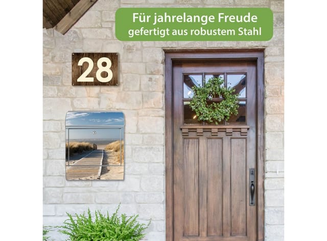 Banjado Design Briefkasten Silber Pulverbeschichtet, 39x47x14cm, 2 Schlüssel, Mit Zeitungsfach Motiv Dünen