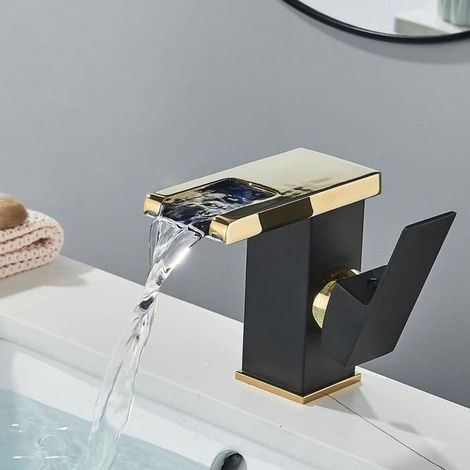 Led-waschtischarmatur Mit Wasserfallfunktion – Oberfläche Aus Schwarz-goldenem Messing – Universelle Montage – Farbwechsel Je Nach Temperatur