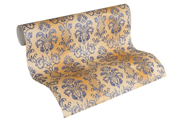 Bricoflor Neobarock Tapete Gold Blau Grau Wohnzimmer und Esszimmer Vliestapete mit Ornamenten Goldene Barock Wandtapete mit Vinyl