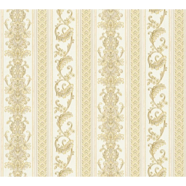Bricoflor Elegante Barock Tapete mit Vinyl Vlies Barocktapete Elegant für Schlaf und Esszimmer Ornament Vliestapete mit Streifen in Creme Weiß Gold