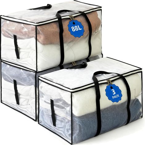 Set Mit 3 Kleidersäcken À 88 Liter, Xxl-umzugssäcke Aus Verstärktem 135 G/m² Pvc, Transparent, Mit Verstärkten Griffen, Doppeltem Metallreißverschluss, Faltbar