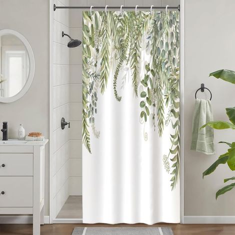 Schimmelresistenter Duschvorhang, 90 X 180 Cm Schmal, Waschbarer Stoff, Salbeigrün Mit Eukalyptusblättern, Wasserdichter Duschvorhang Mit Pflanzenmotiv, Inklusive 6 Haken