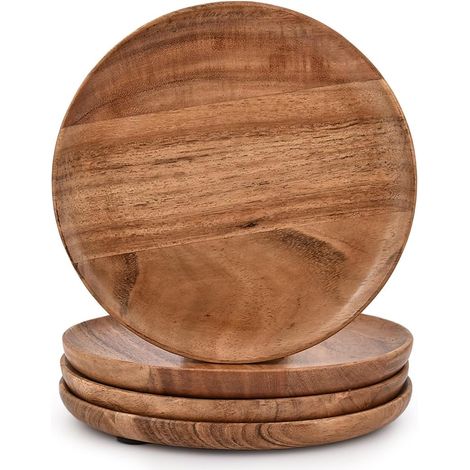 Set Mit 4 Runden Tellern Aus Akazienholz, Leicht Zu Reinigen Und Leicht - Für Mahlzeiten, Snacks, Desserts (18 X 18 X 2,5 Cm)