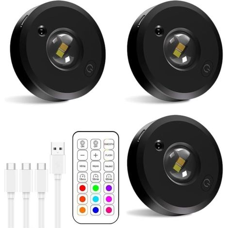 Wiederaufladbarer Led-akku Über Usb, Kabellose Rgb-schrankbeleuchtung Mit Fernbedienung, Runde Indirekte Beleuchtung Mit 3 Farbtemperaturen Und Timer (3er-pack)