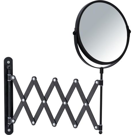Schwarzer, Wandmontierter Kosmetikspiegel Mit Teleskoparm. Schwarzer Teleskop-wandspiegel Mit 3-facher Vergrößerung.