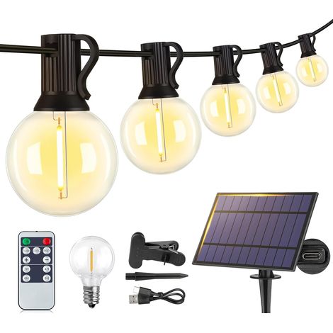 15 M Lange Led-lichterkette Mit Solarbetrieb Für Den Außenbereich – Amerikanischer Retro-stil, 25 Bruchsichere G40-lampen + 1 Ersatzlampe, Smarte Fernbedienung, Bistro-lichterkette Für Garten Und Perg