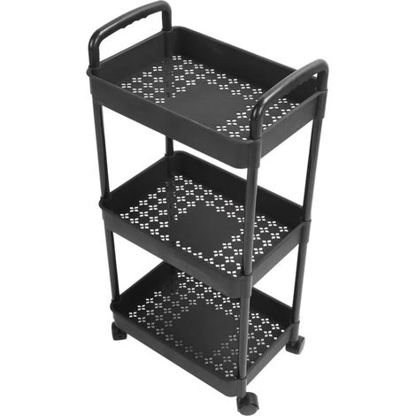 Großer, Schwarzer Kunststoff-servierwagen Mit Rollen. Vielseitiger 3-stöckiger Wagen, Einfach Zu Montieren, Für Schlafzimmer, Badezimmer, Wohnzimmer Und Küche.