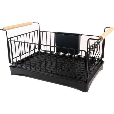 Abtropfgestell Aus Edelstahl In Schwarz Mit Tropfschale – 50 X 29 X 23,5 Cm – Mit Holzgriffen, Besteckhalter Und Wasserauffangschale Mit Abfluss.