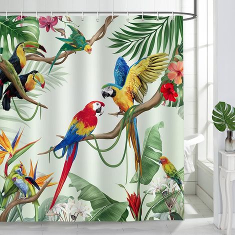 Duschvorhang Mit Tropischen Vögeln, Papageien Und Grünen Blättern, Polyestergewebe, Schimmelresistent, Wasserdicht, Waschbar, Badezimmervorhang, 180 X 180 Cm, Inklusive 12 Haken Für Die Badewanne