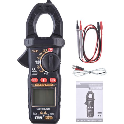 600-a-wechselstrom-zangenmultimeter, Digitalmultimeter Mit Ncv, 6000 Counts, Misst Spannung, Strom, Kapazität, Temperatur, Diodentest, Berührungslose Spannungserkennung, Lampen