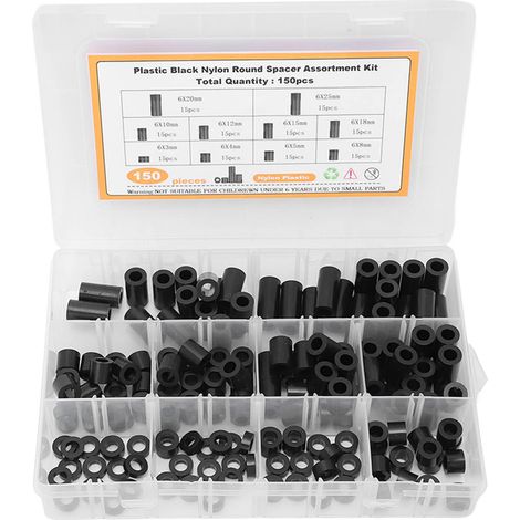 Sortiment Runder Kunststoff-nylon-schraubenabstandshalter, Schwarzes Abstandshalter-set, 150 Stück