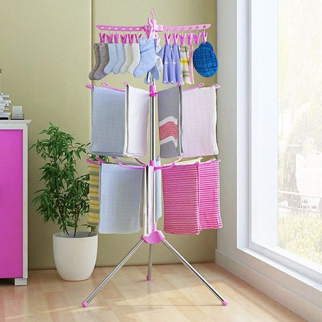 3-stöckiger, Faltbarer Wäscheständer Mit Kleiderbügeln, Rosa