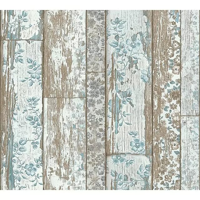 Bricoflor Vintage Tapete in Holzoptik Vliestapete mit Holzbretter Design im Shabby Chic in Braun Blau Vlies Holztapete mit Blumen für Küche und Flur