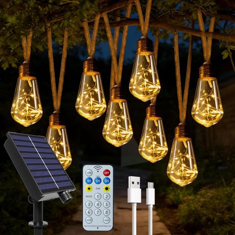 Solarbetriebene Gartenbeleuchtung Für Den Außenbereich – 20 S17-glühbirnen – 10 M Hanfseil Mit Fernbedienung, Usb- Und Solarbetrieb – Bruchsicher – Wasserdicht – 8 Modi – Bezaubernde Lichterkette