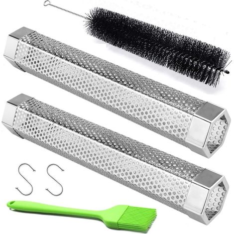 Set Aus 2 Edelstahl-pelleträucherrohren, 30,5 Cm Lang, Mit 2 Haken Und 2 Bürsten Zum Kalt-/heißräuchern (30,5 Cm)