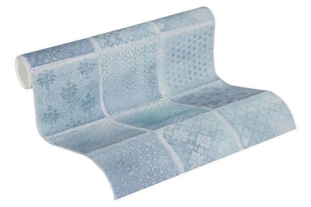 Bricoflor Blaue Tapete inFliesenoptik Kachel Vliestapete Im Vintage Stil für Badezimmer Vlies Fliesentapete Nostalgisch Ideal als Küchentapete