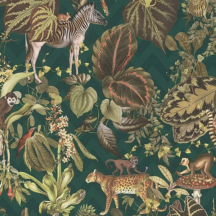Bricoflor Tropische Tapete Dunkelgrün Dschungel Vliestapete mit Affe Zebra und Leopard Vlies Wandtapete Exotisch im Urban Jungle Stil für Wohnzimmer