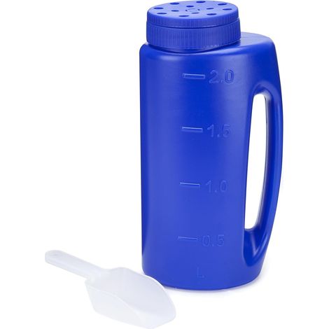 2-liter-handstreuer In Blau Mit Verstellbarem Auslauf – Manueller Streuer Für Saatgut, Dünger, Streusalz Oder Granulat – Inklusive Schaufel