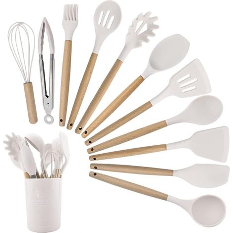 Set Mit 12 Küchenutensilien Aus Silikon, Hitzebeständig, Antihaftbeschichtet, Spülmaschinenfest, Ergonomisch, Lebensmittelecht, Mit Aufbewahrungseimer