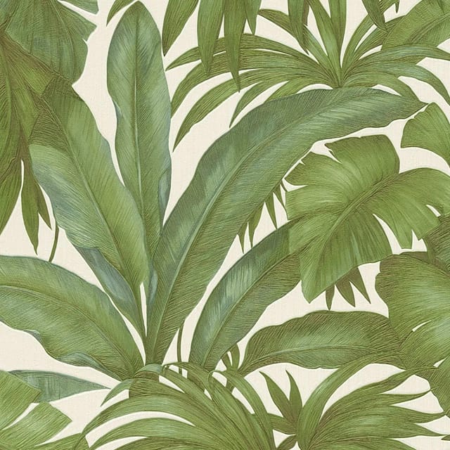 Bricoflor Exotische Tapete mit Palmenblättern in Grün und Creme Metallic Tapete mit Dschungel Design Palmen Vliestapete im Tropical Stil