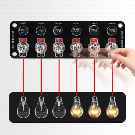 6-wege-wippschalter-bedienfeld Für 12–24 V (marine) Mit 10-a-sicherungen, Wasserdicht (ipx4), Schwarz