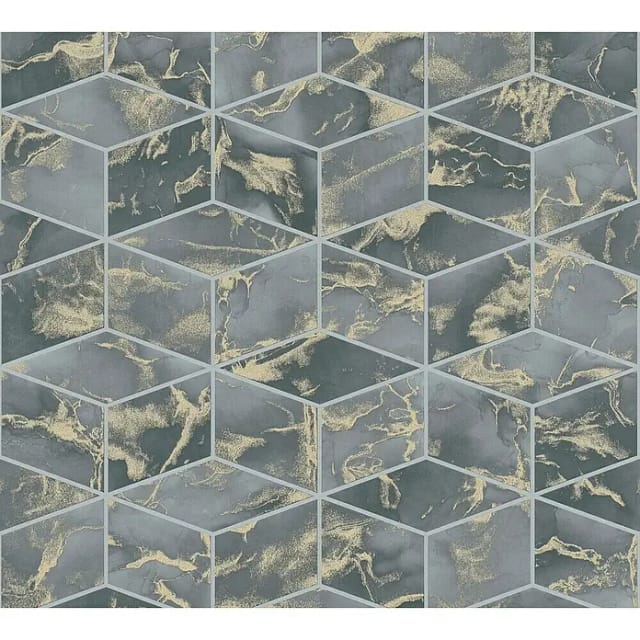 Bricoflor Rauten Vliestapete Blau Grau Gold Moderne Mosaik Tapete in Marmoroptik Elegant Geometrische Vlies Wandtapete Marmor Design für Wohnzimmer