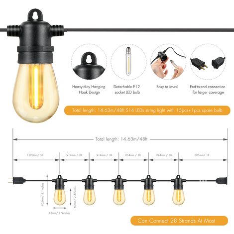 Lichterkette S14 Für Den Außenbereich, 14,63 M, 15+1 E12-led-lampen, Schutzart Ip65, Warmweiß, 2700 K