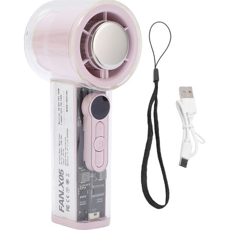 Tragbarer Mini-ventilator Mit Eiswürfelbehälter, 6 Geschwindigkeitsstufen, 3000-mah-akku, 16000 U/min, Transparentes Rosa Design