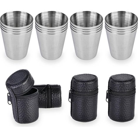Edelstahl-schnapsgläser, 16 Stück 30 Ml Mini-edelstahl-campingbecher, Spirituosengläser Mit 4 Lederetuis, Edelstahl-spirituosenbecher Für Reisen, Camping, Bier- Und Whiskygenuss