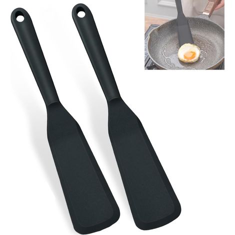2-teiliger Hitzebeständiger Pfannkuchenspatel, Drehbarer Antihaft-silikonspatel, Spülmaschinenfest, Zum Backen, Kochen Und Für Omeletts, Schwarz, 25,4 Cm