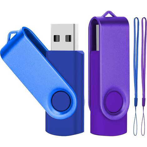 2er-pack Drehbare 64-gb-usb-sticks (usb 2.0), Speicherkartensteckdose, Memory Stick, Usb-stick Mit Led-beleuchtung, 2 Tragebänder, Blau/lila