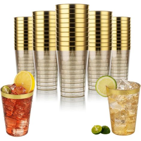 Hochwertiger, Wiederverwendbarer 330-ml-kunststoffbecher Mit Goldrand – 50 Elegante, Bpa-freie Becher Für Hochzeiten, Geburtstage Und Cocktailpartys – Waschbarer, Wiederverwendbarer Kunststoffbecher F