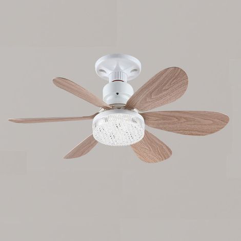 Deckenventilator Mit Led-beleuchtung, 52 Cm, 6 Holzflügel Und Kristallschirm, Fernbedienung, Dimmbar 3000k-6500k