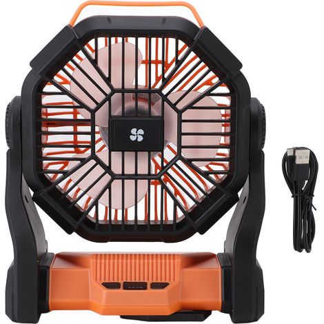 Wiederaufladbarer Usb-campingventilator Mit Orangefarbener Led-laterne – 10400 Mah, 4 Geschwindigkeitsstufen, 360°-rundumsicht