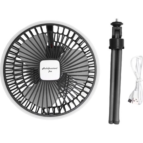 Tragbarer Campingventilator Mit Stativ, Led-licht Und Usb-akku – Grau, 30 Cm, 1200 Mah