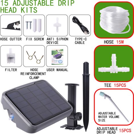 Automatisches Solar-bewässerungssystem Für Zimmer- Und Gartenpflanzen – Tropfbewässerungsset Mit 15 Emulatoren, 3600-mah-akku