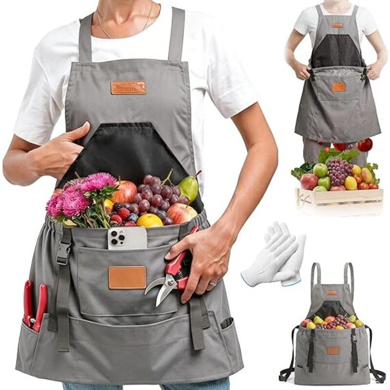 Graue, Wasserdichte Gartenschürze – Ernteschürze Mit Großen Taschen Für Damen Und Herren – Feldarbeitsschürze Mit Kreuzgurten – Gartenschürze Für Feld Und Ernte