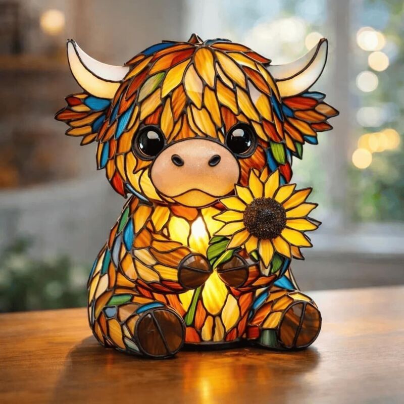 Led-nachtlicht „hochlandkuh“ In Sonnenblumenform – Handgefertigte 3d-kunstlampe – Dekoration Für Büro Und Schlafzimmer Im Buntglas-stil – Kreatives Geschenk Für Zuhause
