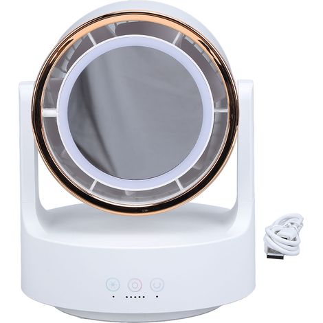 Rotorblattloser Tischventilator Mit Beleuchtetem Spiegel Und Led-lampe, Leise, Oszillierend, 5v-akku, Weiß