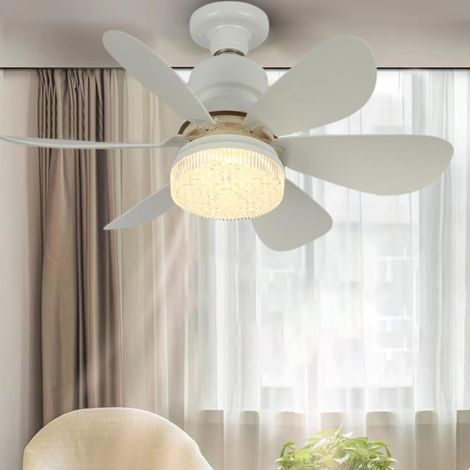 Deckenventilator Mit Led-beleuchtung, 52 Cm, 6 Weiße Flügel Und Kristallschirm, Inklusive Fernbedienung