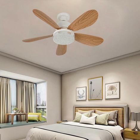 Deckenventilator Mit Dimmbarer Led-beleuchtung, 52 Cm, 5 Holzflügel Und Kristallschirm, Inklusive Fernbedienung