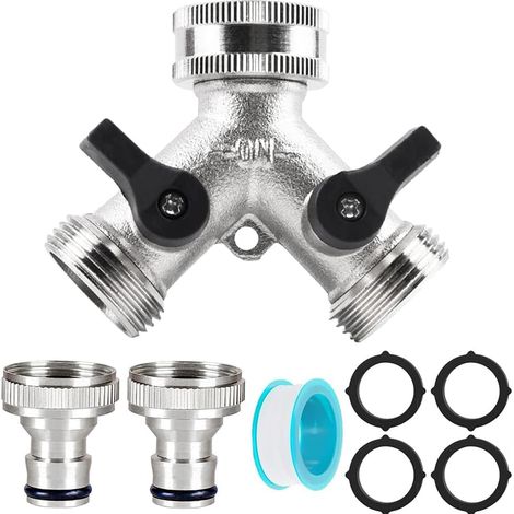 Doppel-wasserverteiler, 2-wege 3/4" – Doppelwaschmaschinenhahn Mit Unabhängigen Schaltern – Y-verteiler Aus Metall Mit 2 Schnellkupplungen Und 4 Unterlegscheiben – Silber