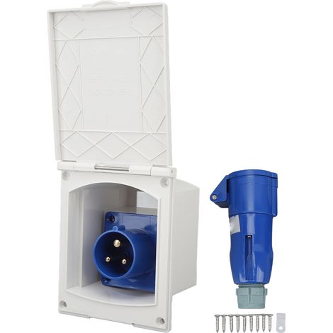 Außensteckdose Für Wohnmobile, 16 A, Weißer + Blauer Netzstecker, 220–250 V, Schutzart Ip44