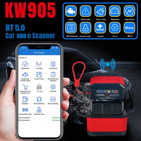 Konnwei Kw905 Kabelloses Obd2 Bluetooth 5.0 Kfz-diagnosegerät Für Ios Und Android, Rot