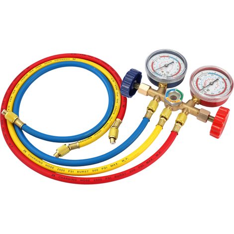 Manometer-set Für Klimaanlagen – Manometer Aus Messing, 3 Farbige Schläuche (rot/blau/gelb), Kompatibel Mit R12/r22/r134a/r404a