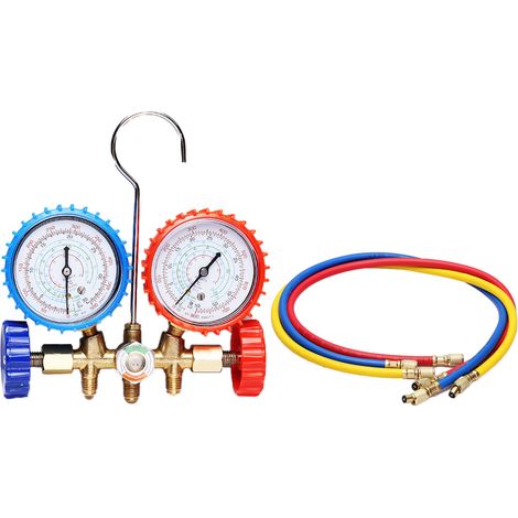 Klimaanlagen-manometer-set Für Kraftfahrzeuge Mit 3 Schläuchen (rot/blau/gelb), Farbiger Skala Und Sichtfenster