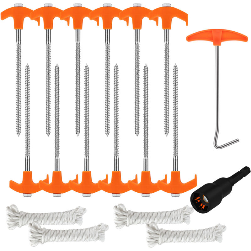 Set Mit 18 Robusten Schraubheringen – Metall-schraubheringe Für Camping – Bodenanker Mit Bohradapter, Seilen Und T-haken – Orange